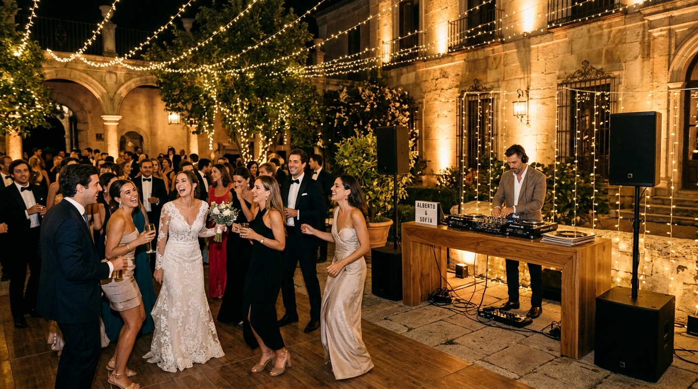 Fiesta de boda nocturna con iluminación cálida y pista animada en Madrid
