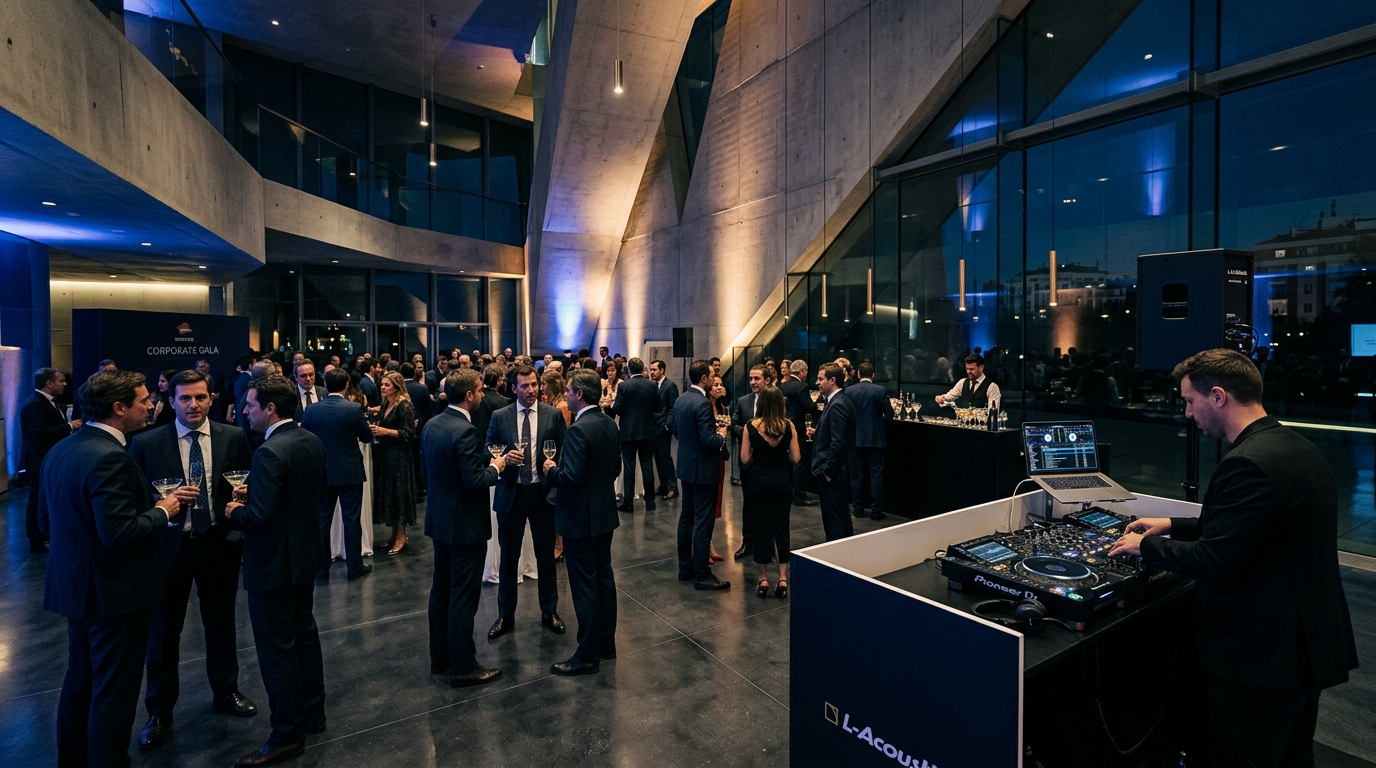 Gala corporativa contemporánea con cabina DJ integrada y arquitectura moderna